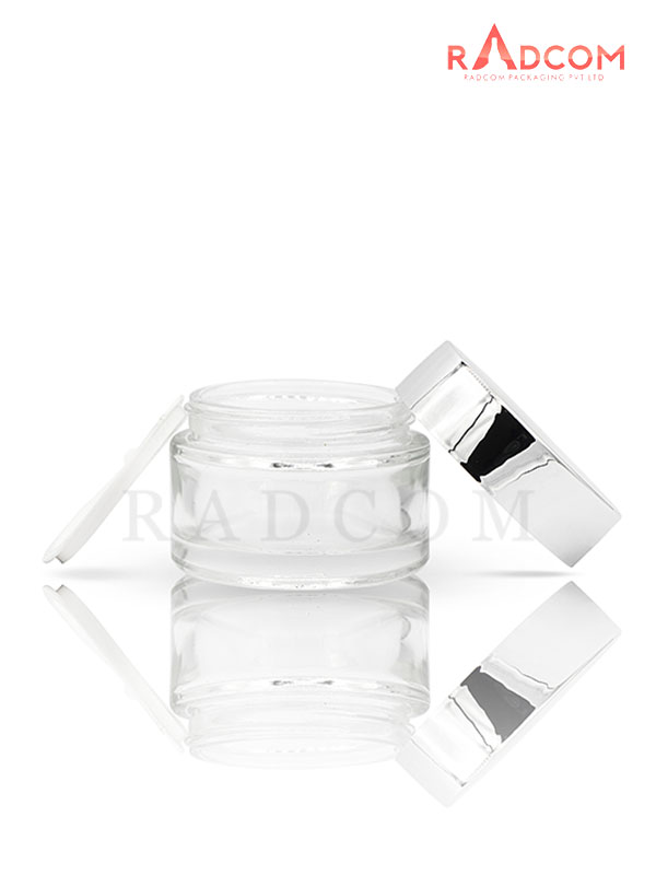 50 GM Shine Clear Glass Jar with Shinny Silver Cap with Lid & Wad